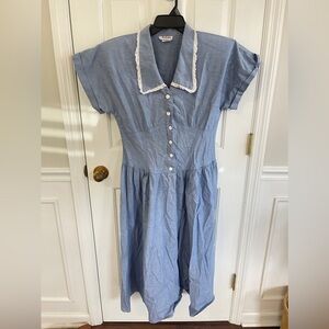Vintage 80s Cotton  Dress (M) 9/10 Blue Peter Pan Collar Empire Waist